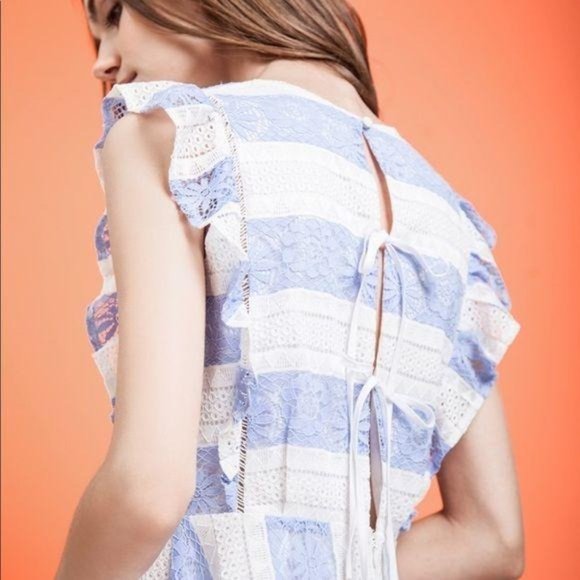 J.O.A. Ruffle Sleeve Lace Back Stripe Lace Dress M - Picture 2 of 11